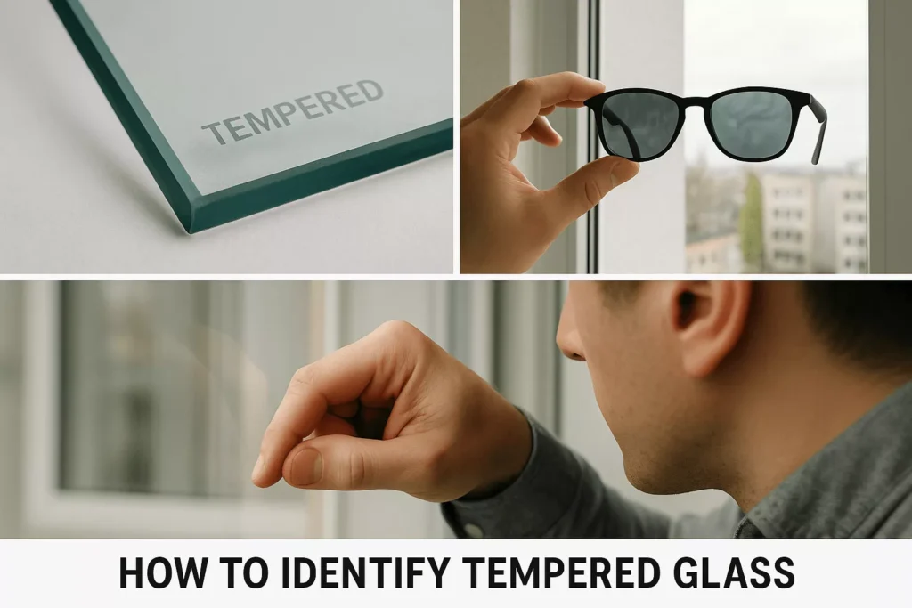 Collage showing how to identify tempered glass: safety stamp, polarized glasses stress patterns, and careful tap test.