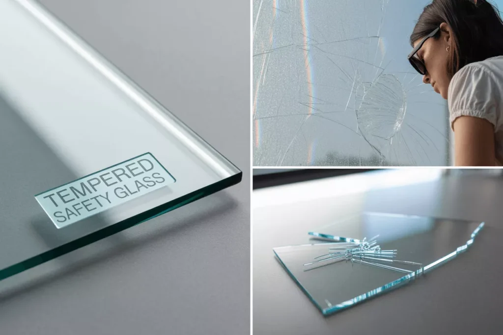 Etched stamp, rainbow pattern with polarized glasses, and break test show how to tell tempered vs regular glass.