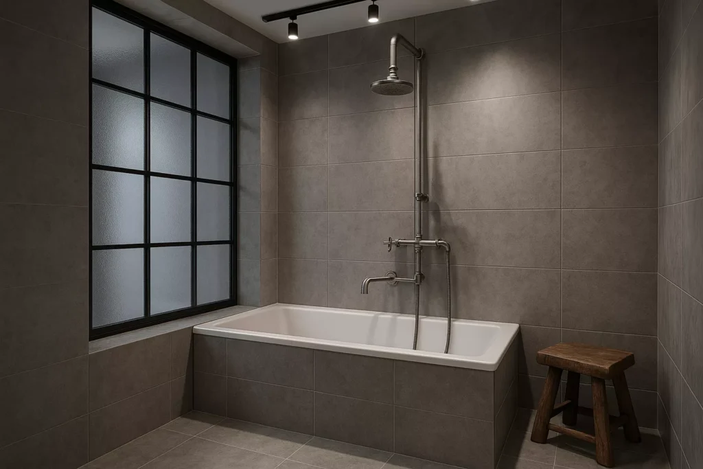 Industrial bathroom with black grid glass, concrete tiles, steel fixtures, white tub, and reclaimed wood stool.