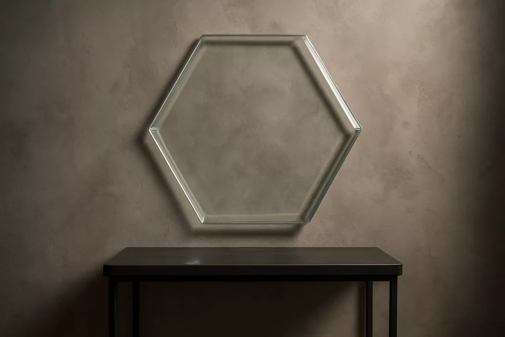 Asymmetric irregular hexagon tempered glass with polished edges, glowing softly in a refined, modern interior setting.