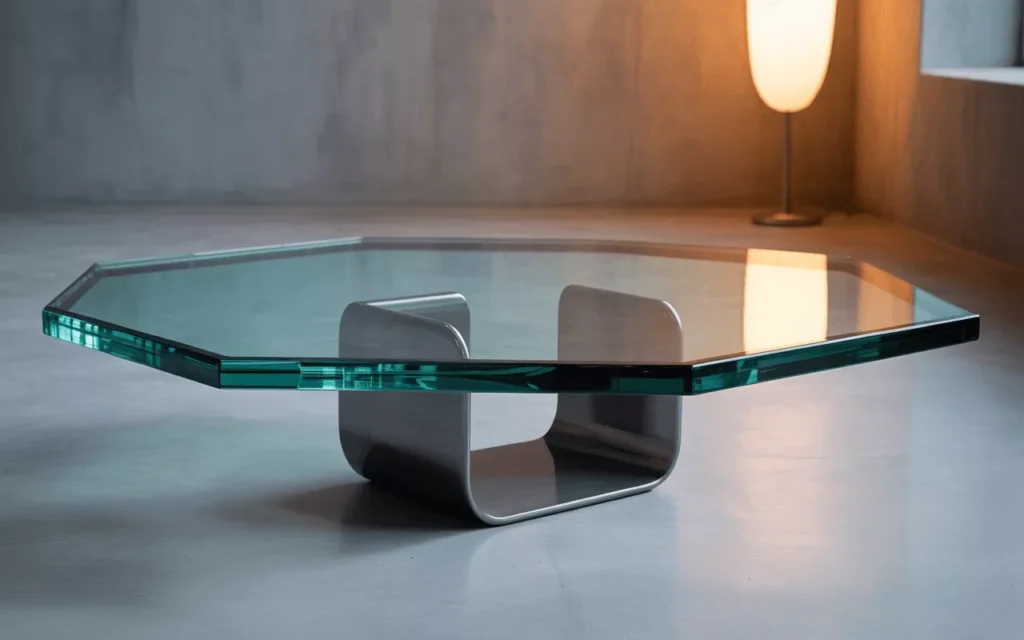 Irregular octagon tempered glass with polished edges displayed in a luxurious interior, glowing under soft ambient light.