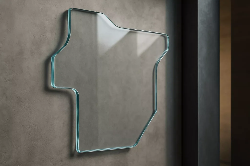 Irregular tempered glass with custom curves and angles displayed as a sleek architectural art piece in a modern interior.