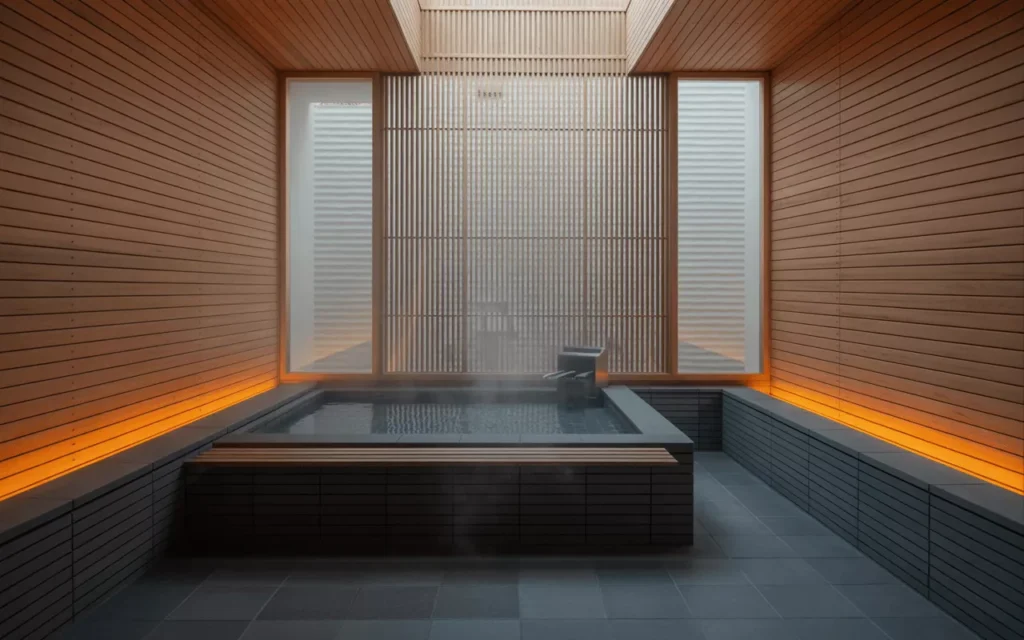 Japanese soaking bathroom with deep tub, cedar slats, gray stone tiles, glass divider, and soft lantern-style lighting.