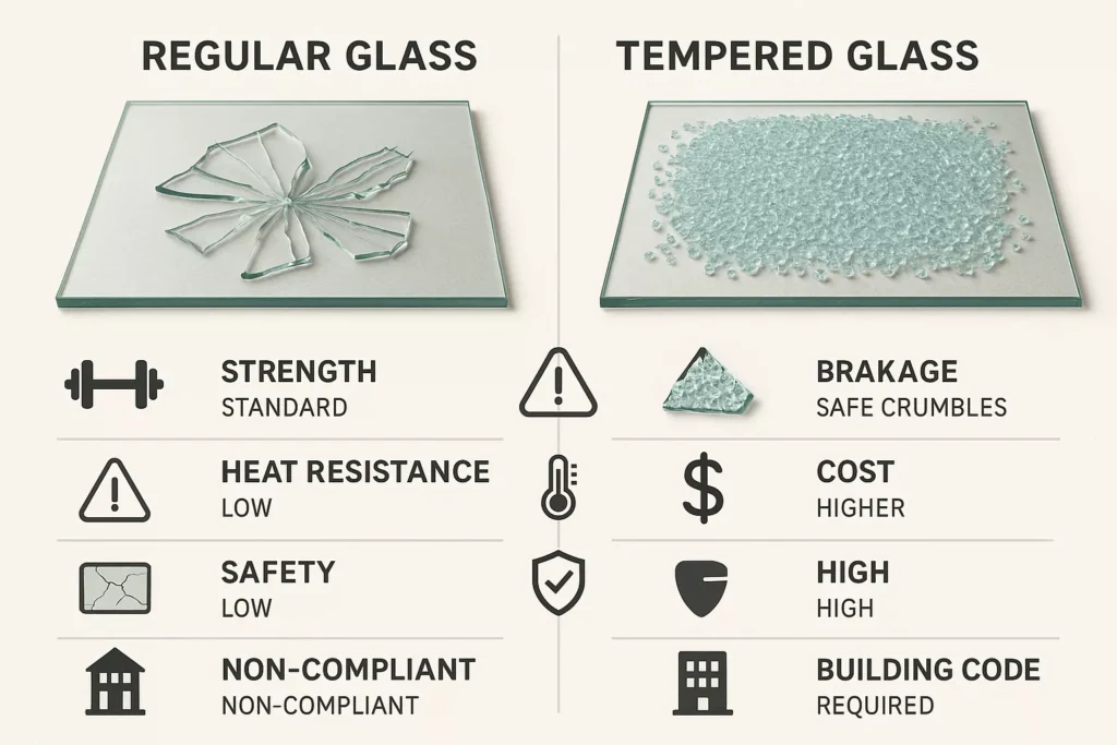 Split photo of regular glass with sharp shards vs tempered glass with safe chunks and modern safety uses.