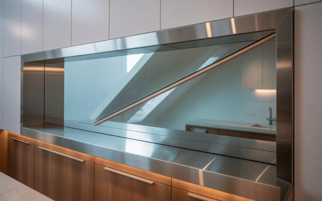 Left slope rectangle tempered glass panel fitted under a staircase, showing a sleek diagonal cut and modern interior design.