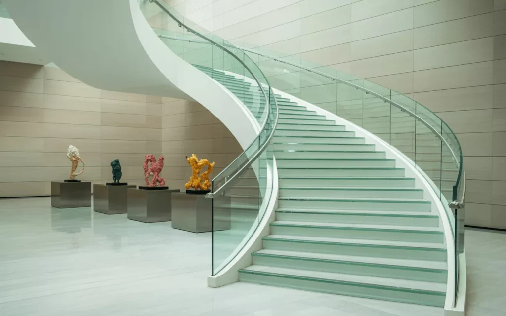 Ultra-clear low iron tempered glass in gallery displays and modern architecture, showing perfect color accuracy and clarity.