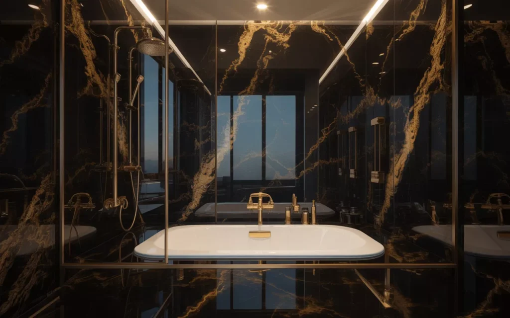 Luxurious black marble bathroom with gold fixtures, white tub, clear glass panel, and warm recessed lighting.