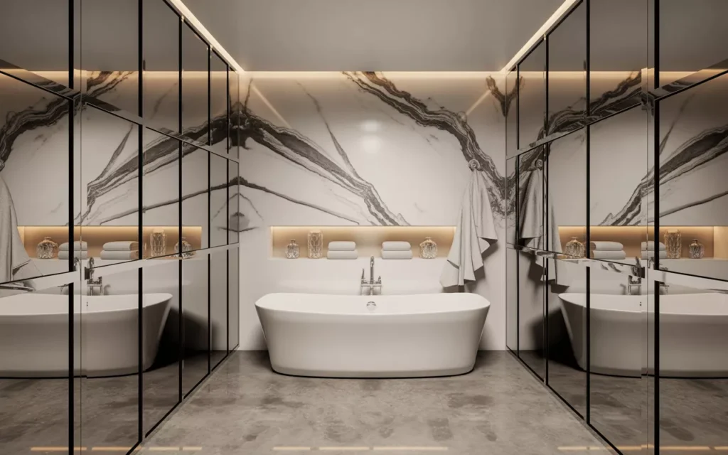 Luxurious chrome bathroom with marble walls, mirrored glass, freestanding tub, and glowing recessed lighting.