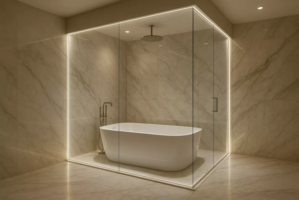 Frameless glass bathroom with white tub, marble walls, LED-lit edges, and rainfall shower in a luminous minimalist space.