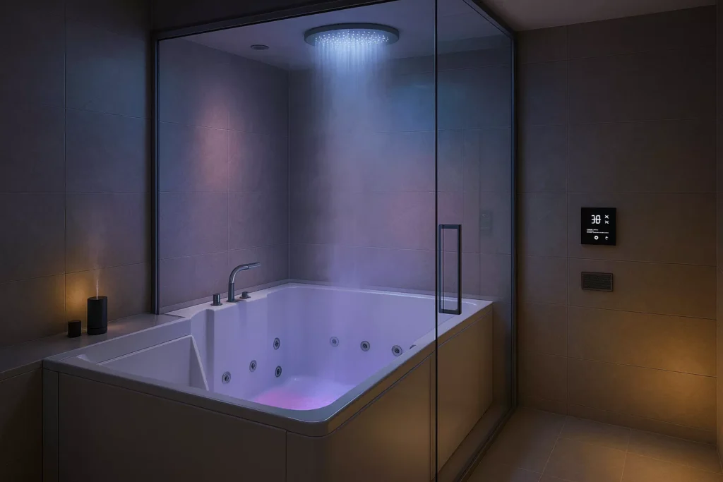 Luxury spa bathroom with walk-in tub, LED lighting, rainfall shower, stone walls, and frameless glass enclosure.