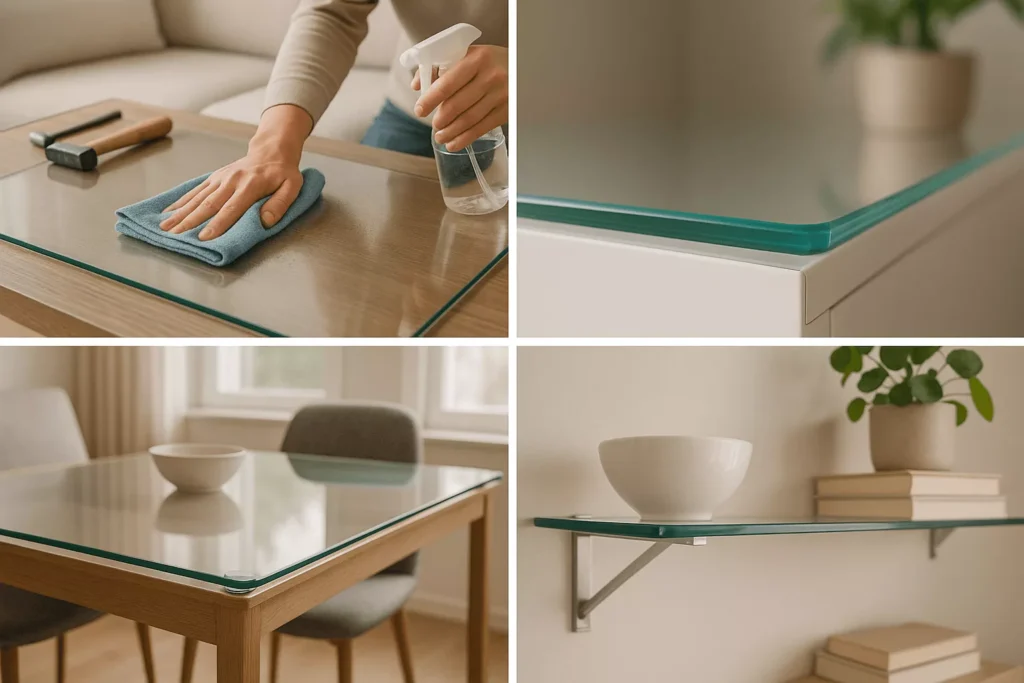 Proper care of tempered glass includes gentle cleaning, edge protection, rubber bumpers, and safe weight distribution.