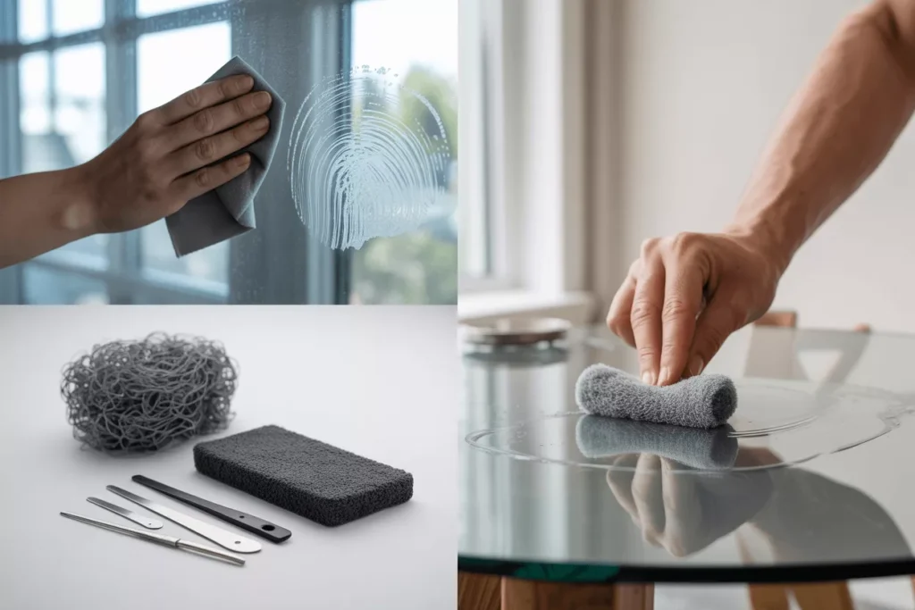 Multi-scene showing tempered glass care: cleaning, avoiding abrasives, replacing cracks, coatings, and rubber bumpers.