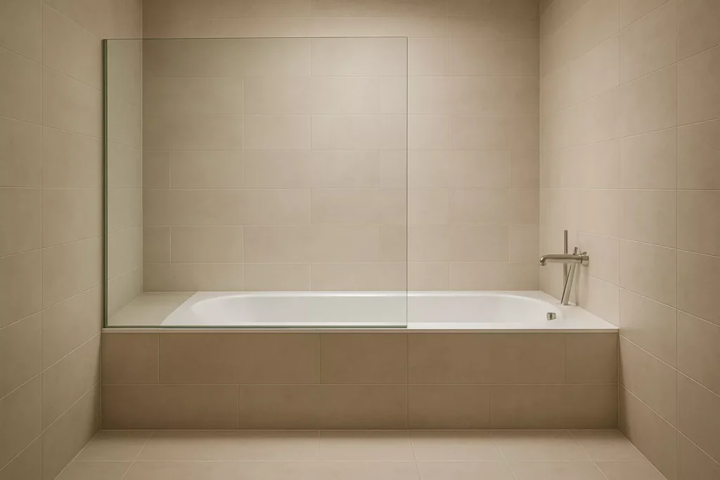 Minimalist bathroom with half glass partition, stone tiles, soft lighting, and white tub creating airy, refined openness.