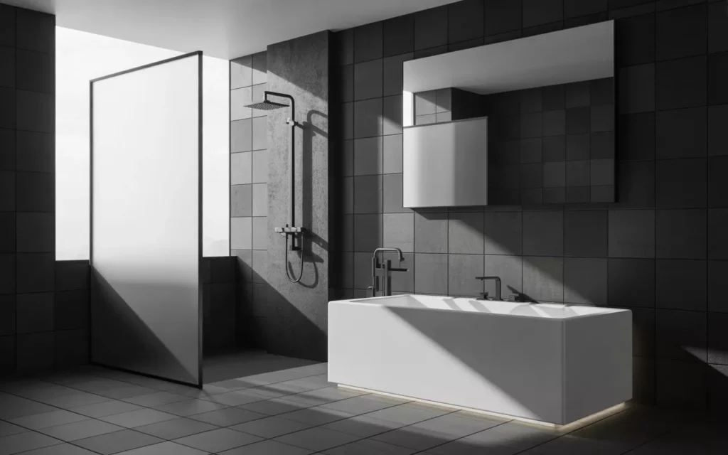 Minimal black-and-white bathroom with frosted glass, white tub, matte-black fixtures, and soft LED glow beneath tub.