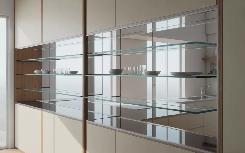 Modern interior with smooth “No Hole” tempered glass panels used in cabinets, partitions, and shelves for a clean look.