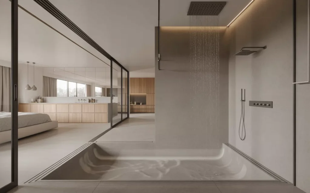 Open-plan ensuite with shared tub and shower zone, clear glass panels, stone flooring, and pendant lighting for airy flow.