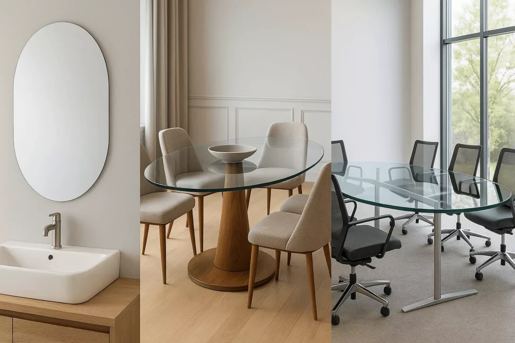 Oval tempered glass used in vanity mirrors, dining tables, and conference tables adds elegance, flow, and modern style.