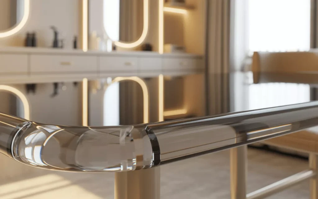 Close-up of glass with smooth, rounded pencil polished edges reflecting light in a modern, elegant interior setting.