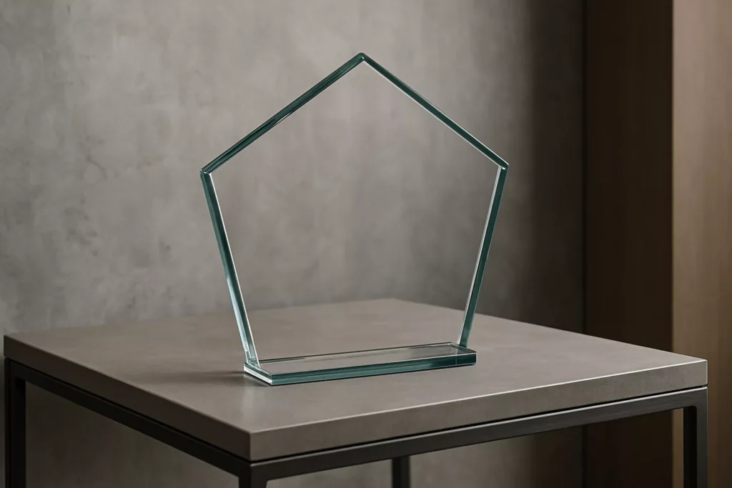 Modern pentagon tempered glass panel with a clear surface, angled sides, and sharp peak, reflecting light in a stylish interior.