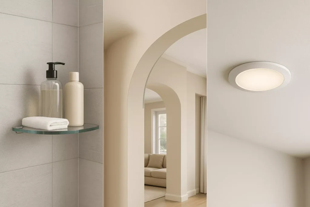 Quarter round tempered glass in shelves, curved corners, and lighting covers adds smooth flow and space-saving style.