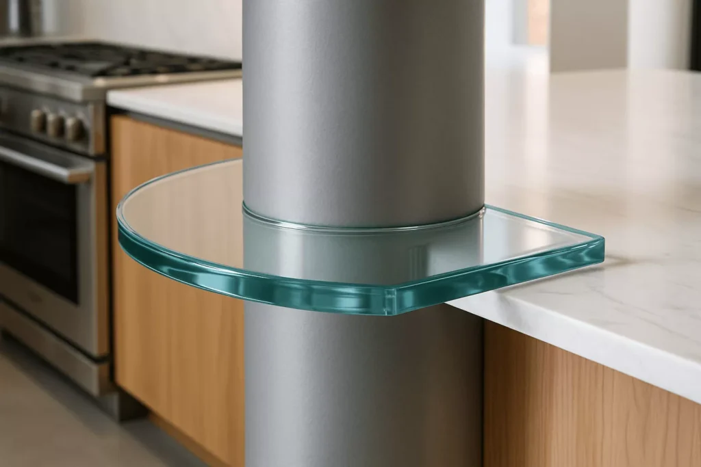 Quarter round tempered glass with a precise notch fitted around a column, gleaming in a sleek, modern kitchen setting.