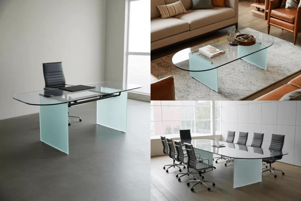 Race track oval tempered glass in desks, coffee tables, and meeting rooms blends clean lines with gentle curves for modern style.