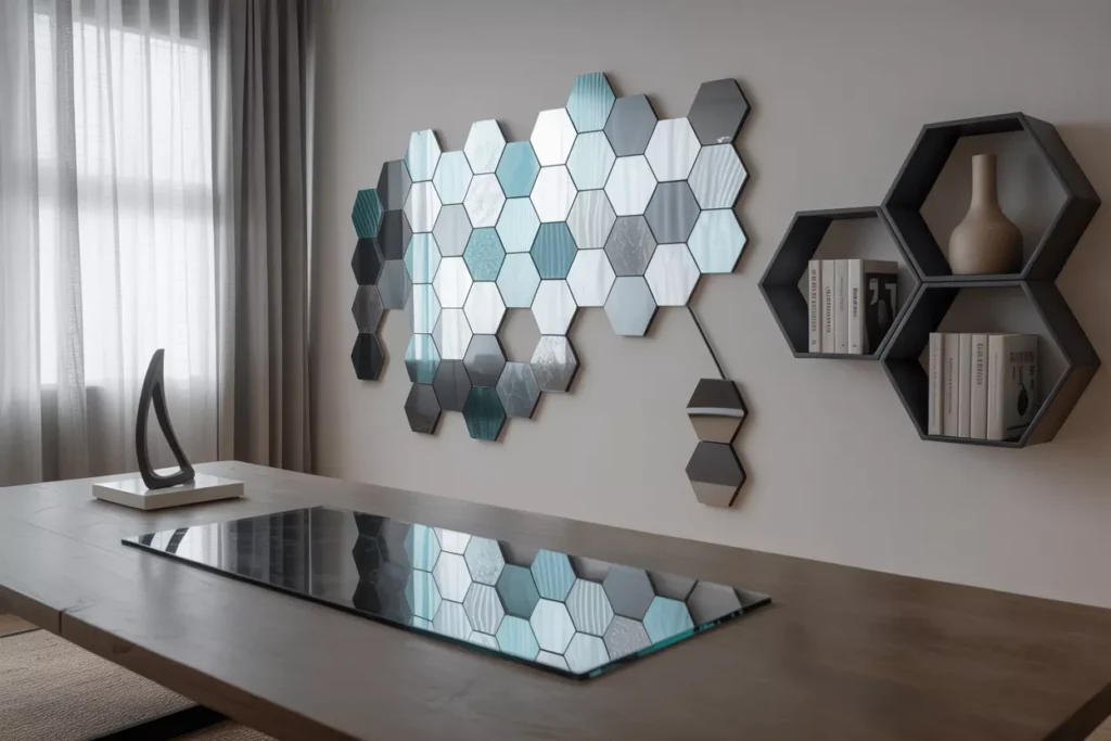 Hexagonal tempered glass used in wall art, tabletop inserts, and shelving brings modern geometric impact to interiors.