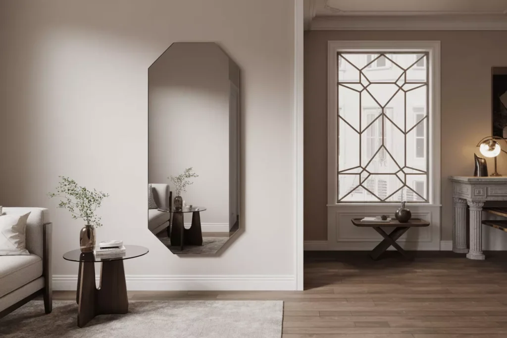 Octagonal tempered glass in side tables, entry mirrors, and window inserts adds balance, elegance, and classical appeal.