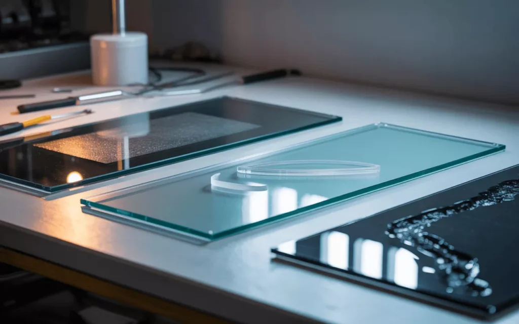 Comparison of glass repair stages—mild polishing, moderate abrasive treatment, and severe damage requiring resin or replacement.