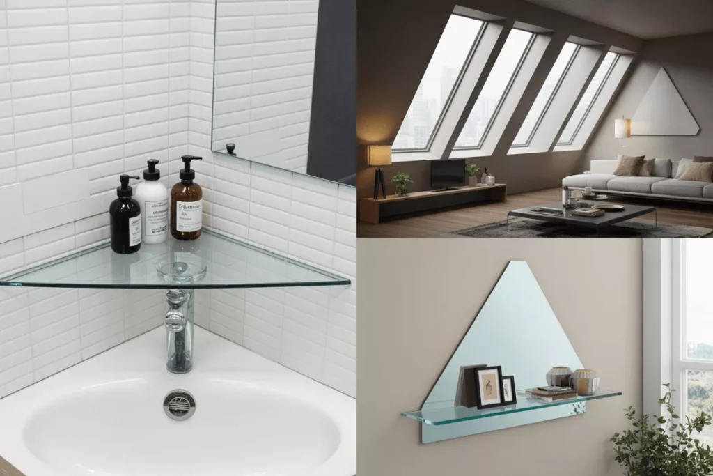 Right triangle tempered glass in shelves and window panels saves space, fits corners, and adds modern angular style.