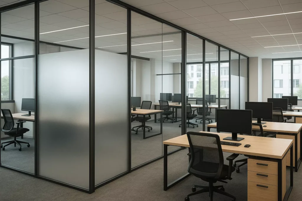 Modern open-plan office with tempered glass partitions, featuring clear and frosted panels for privacy and light.