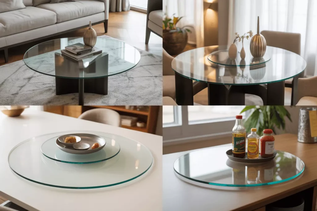 Round tempered glass tables, Lazy Susan, and centerpieces add elegance, balance, and safety to modern home spaces.