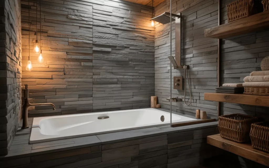 Rustic bathroom with stone surround, white tub, bronze fixtures, clear glass screen, and warm pendant lighting.