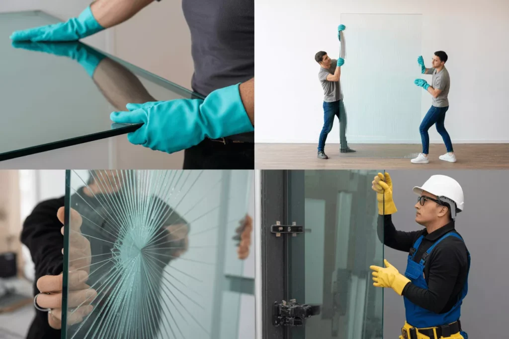 Multi-scene showing tempered glass safety: gloves, vertical carrying, replacing cracked panels, and proper installation.