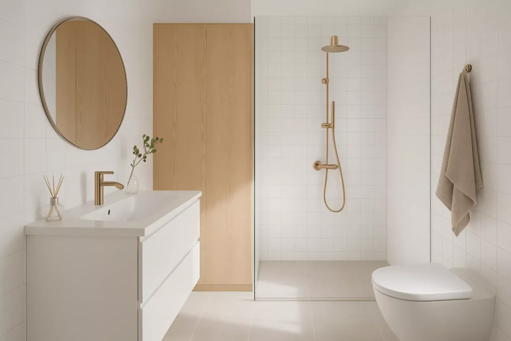 Scandinavian bathroom with light oak walls, white enamel surfaces, brass fixtures, and bright natural daylight.