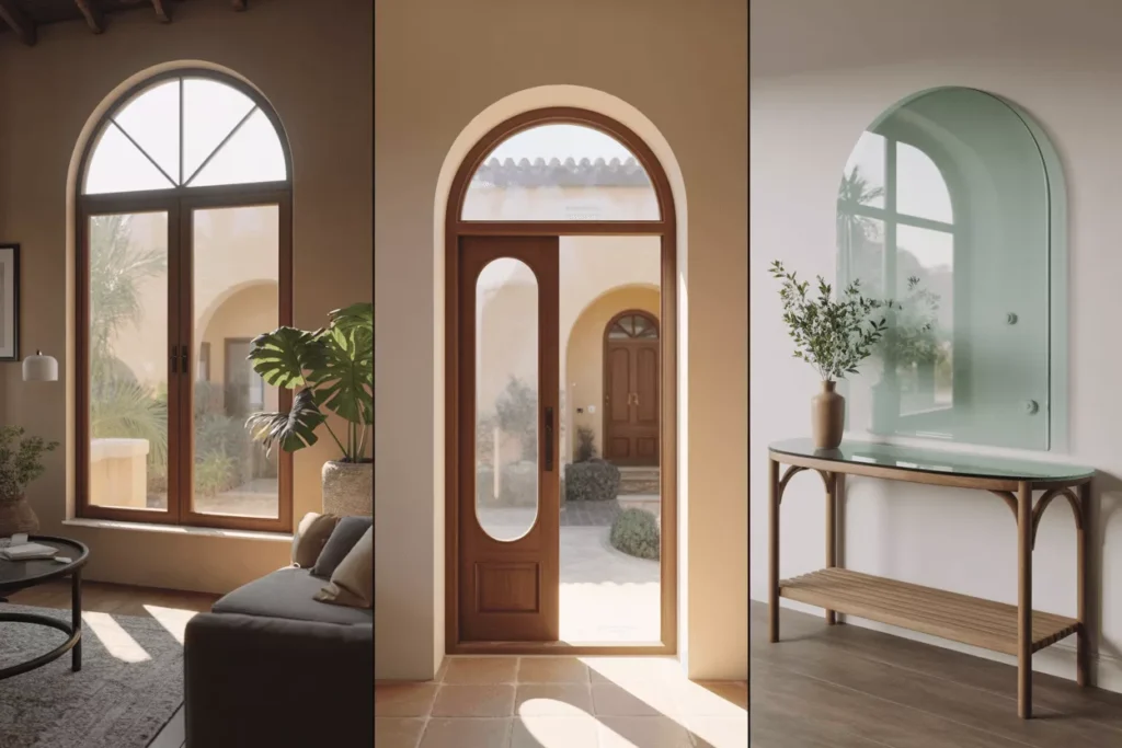Semi-circle tempered glass in arched windows, door insets, and console tables adds classical elegance and soft curves.