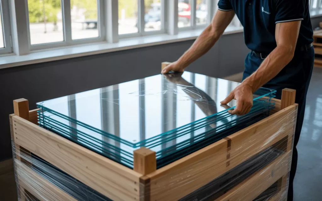 Tempered glass panels packed in foam-lined wooden crates with protective film, inspected carefully for any damage.