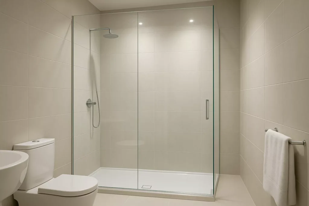 Modern bathroom with frameless tempered glass shower enclosure, white tiles, and sleek minimalist design.