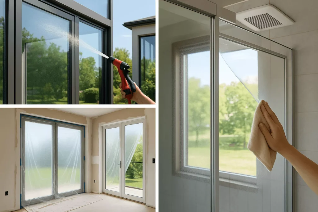 Outdoor glass rinsed, indoor windows shielded with plastic, and bathroom glass wiped to prevent buildup.