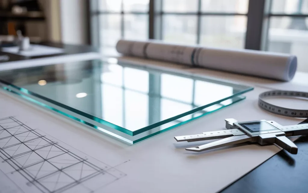 Glass design workspace with CAD sketches, hand drawings, and clear tempered glass samples arranged neatly on a worktable.
