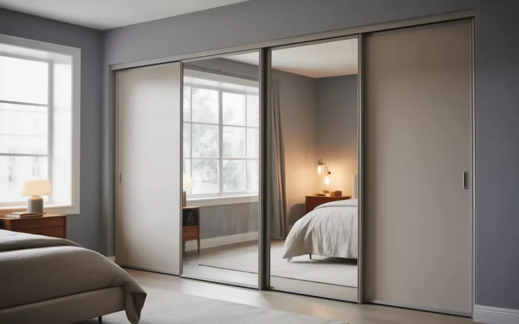 Modern bedroom with sleek sliding mirror closet doors on a track system, reflecting light and creating a spacious feel.