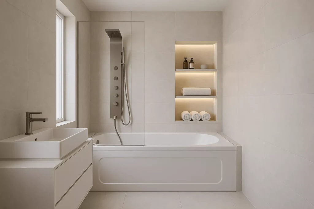 Modern 6×8 ft bathroom with walk-in tub, frameless glass panel, pale tiles, and warm LED-lit recessed shelving.