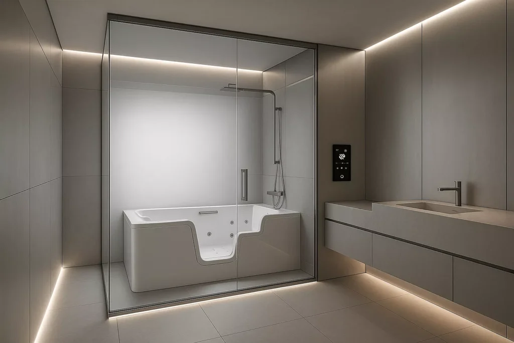 Smart-home bathroom with smart-glass walls, digital controls, LED lighting, and minimalist brushed aluminum finishes.
