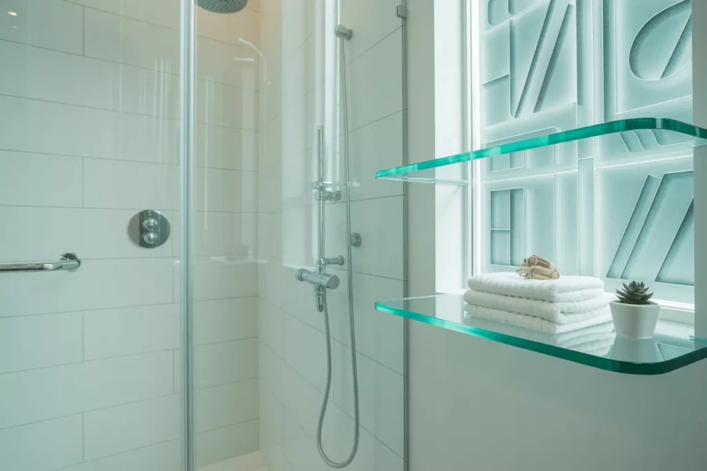 Modern bathroom with curved glass shower, floating glass shelves, and decorative tinted glass wall panel.