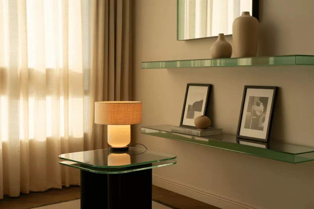 Square tempered glass used in tables, shelves, cabinet doors, and mirrors brings symmetry and modern style to interiors