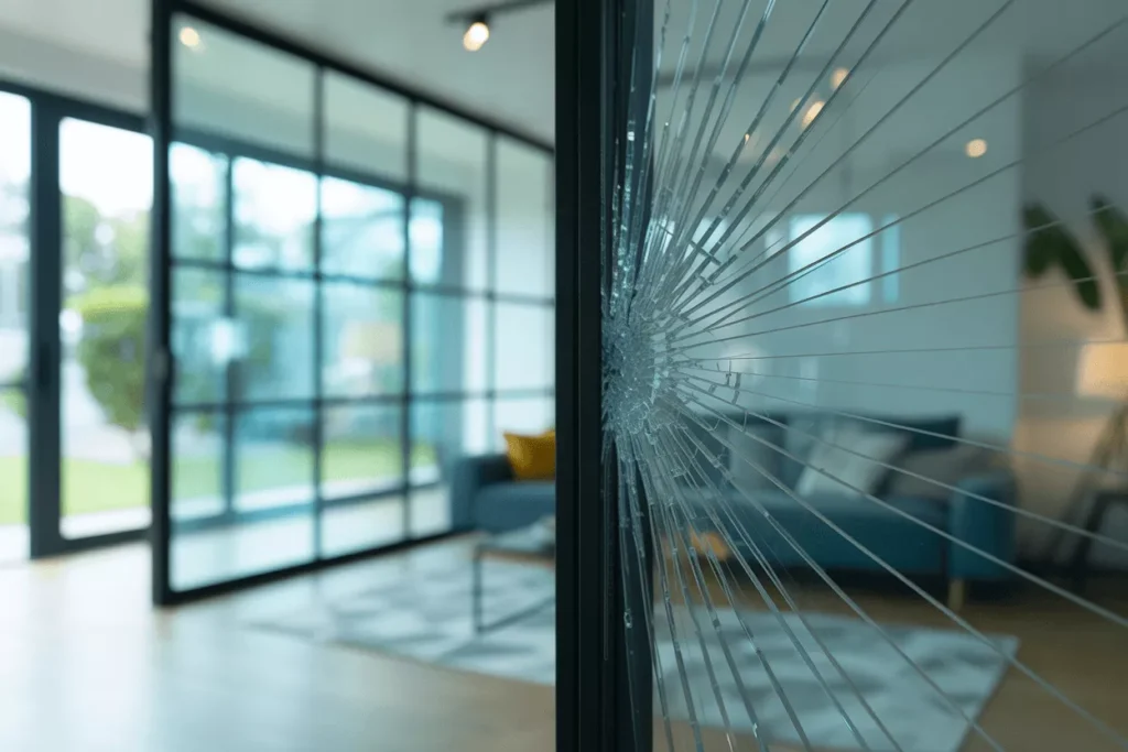 Modern living room with tempered glass door and partition, showing safe breakage into small blunt pieces.