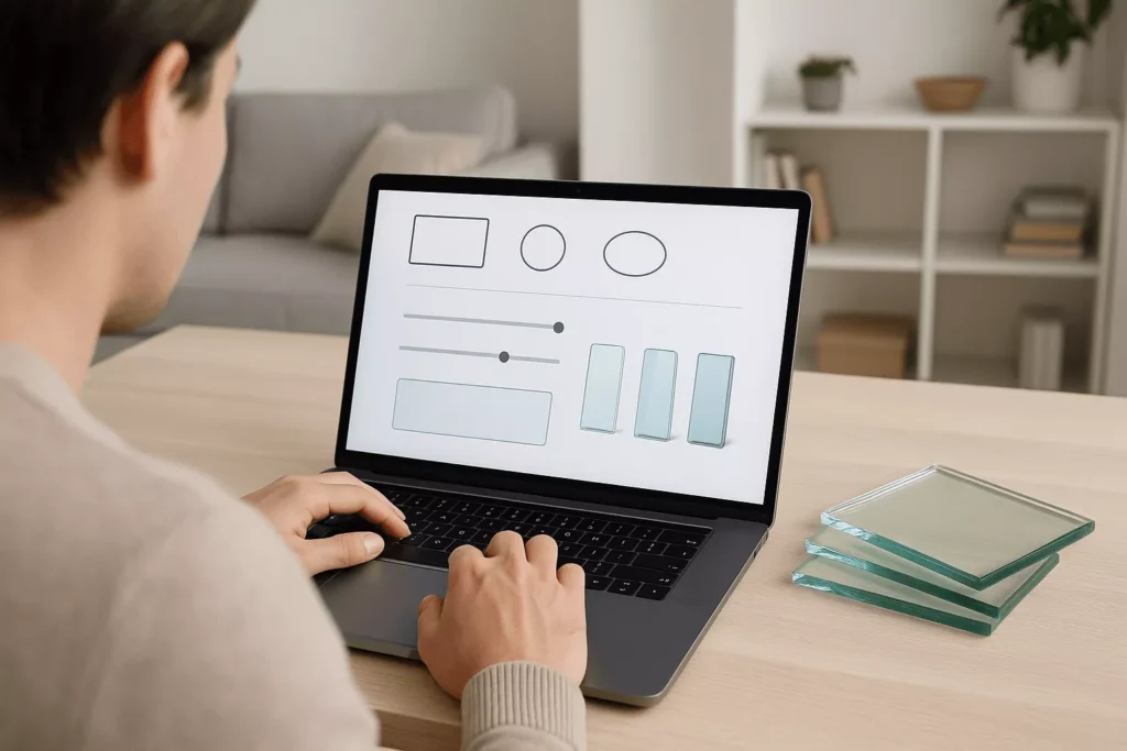 Person using a laptop with an online glass customization tool, previewing tempered glass shapes, edges, and sizes at home.