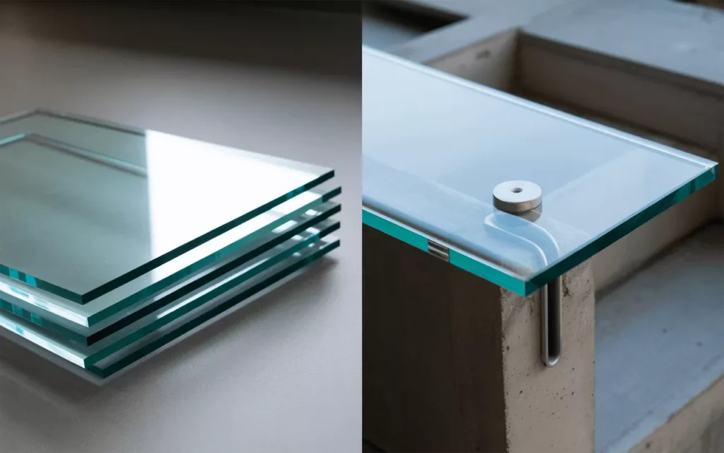 Raw tempered glass sheets beside pre-fabricated panels installed in railings and doors, showing material and finish difference.