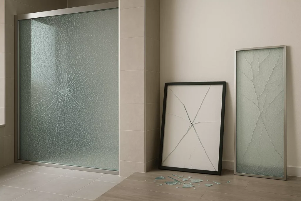 Side-by-side view of tempered glass shattering safely into tiny fragments versus regular glass breaking into sharp shards.