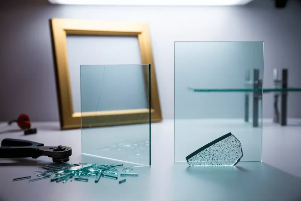 Comparison of annealed glass cut with sharp shards vs tempered glass with safe chunks in real-world applications.